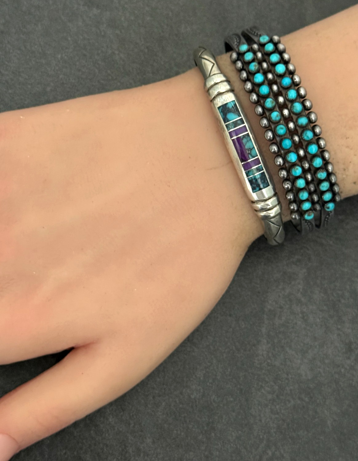 Vintage Navajo REX ABEITA Turquoise Sugilite Inlay ARROW Sterling Bracelet 6.6in