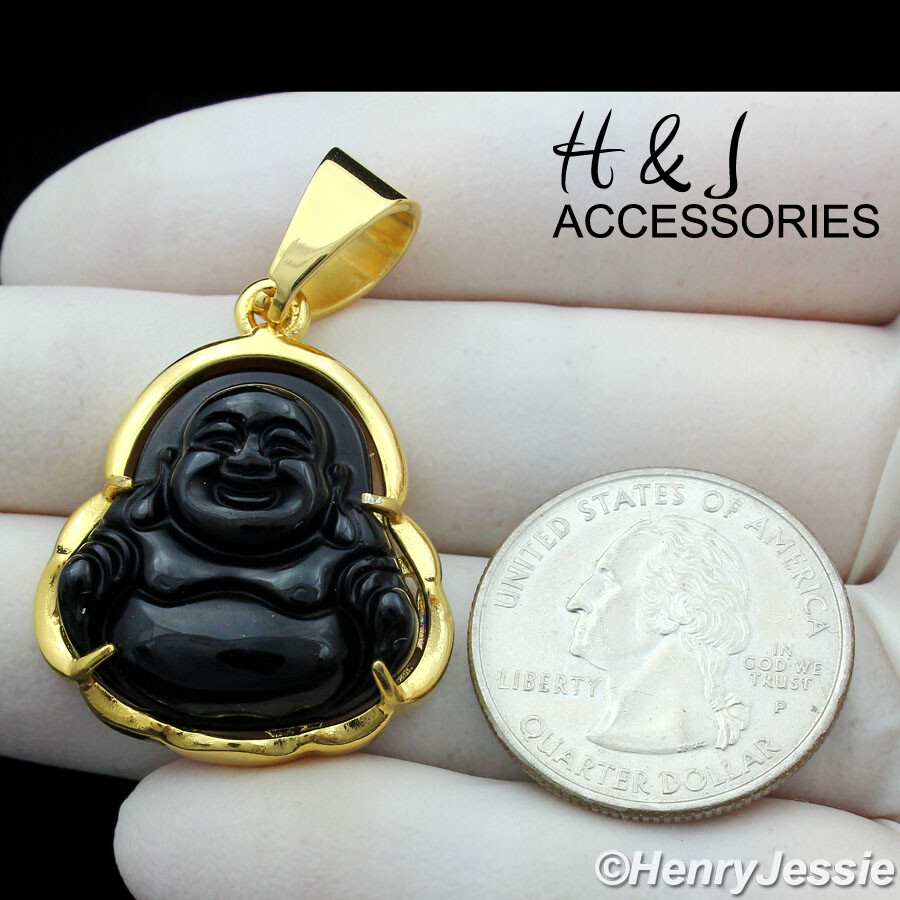 18-36″Stainless Steel 3mm Gold Plated Box Chain Black Onyx Buddha Pendant*AG123