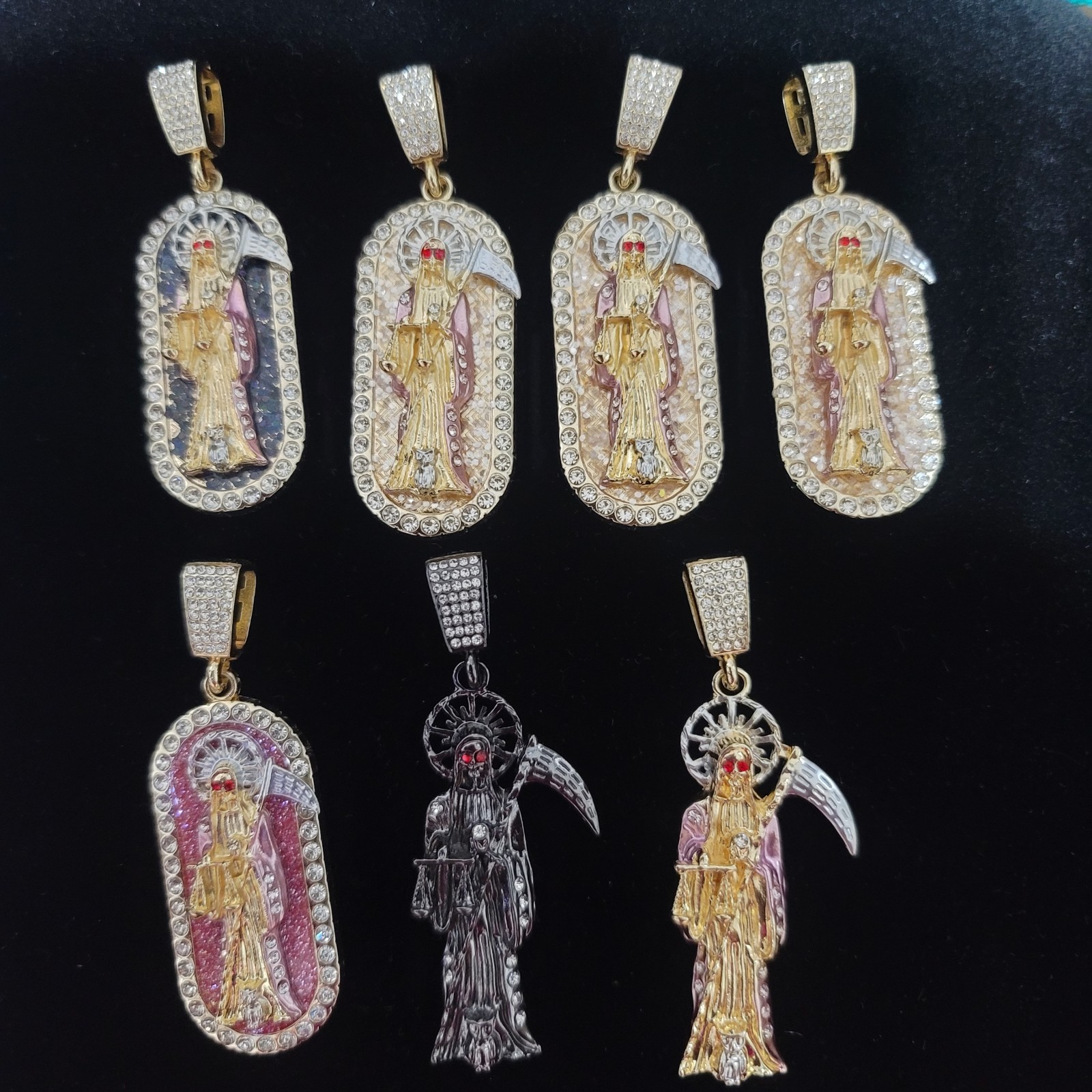 Gold-Tone Saint Death Pendant Necklace – Pink & Gold, Black Accent Bundle Of 7