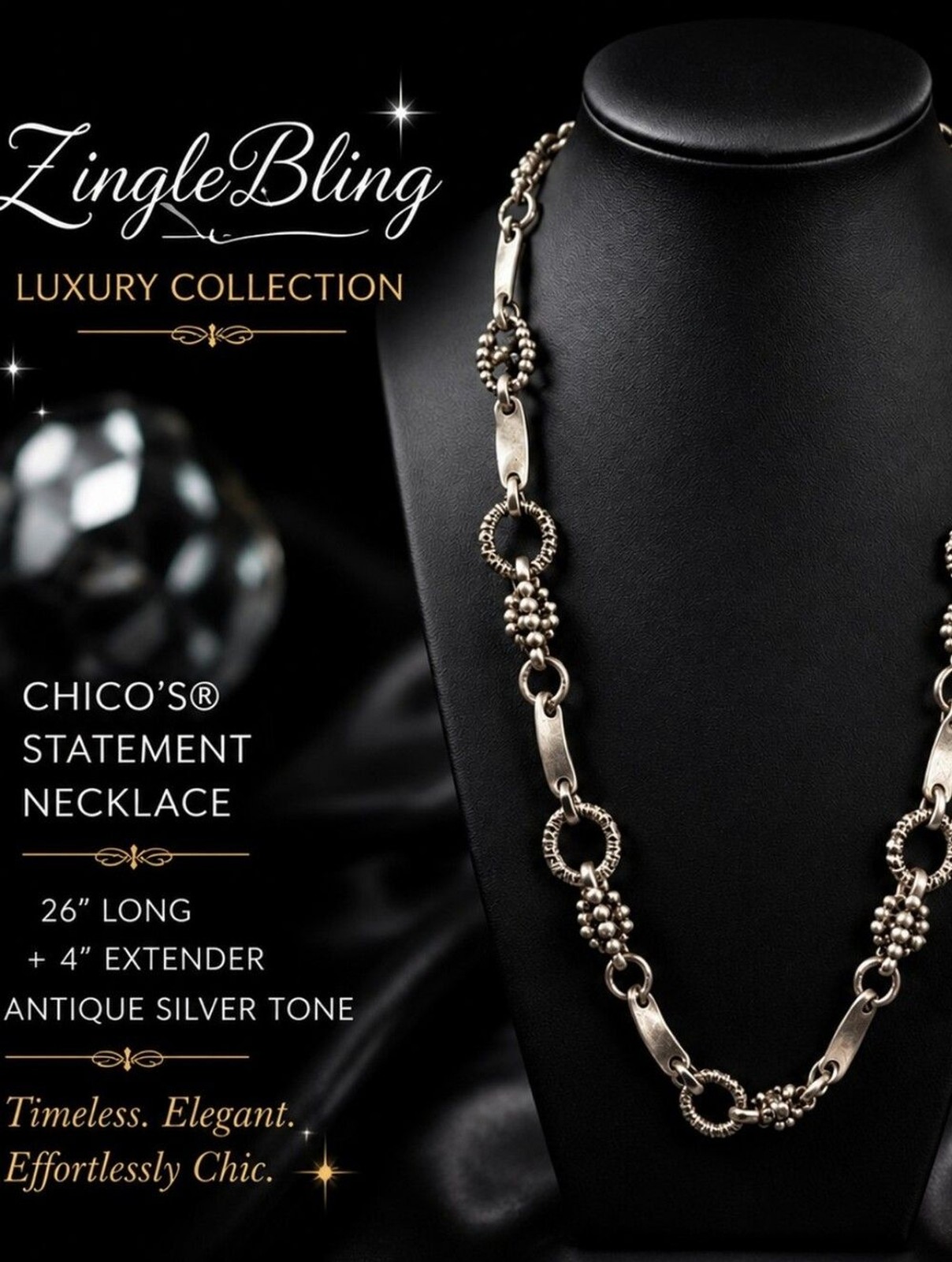 Chico’s Silver Tone Statement Necklace 26″ + 4″ Extender Textured Link Artisan