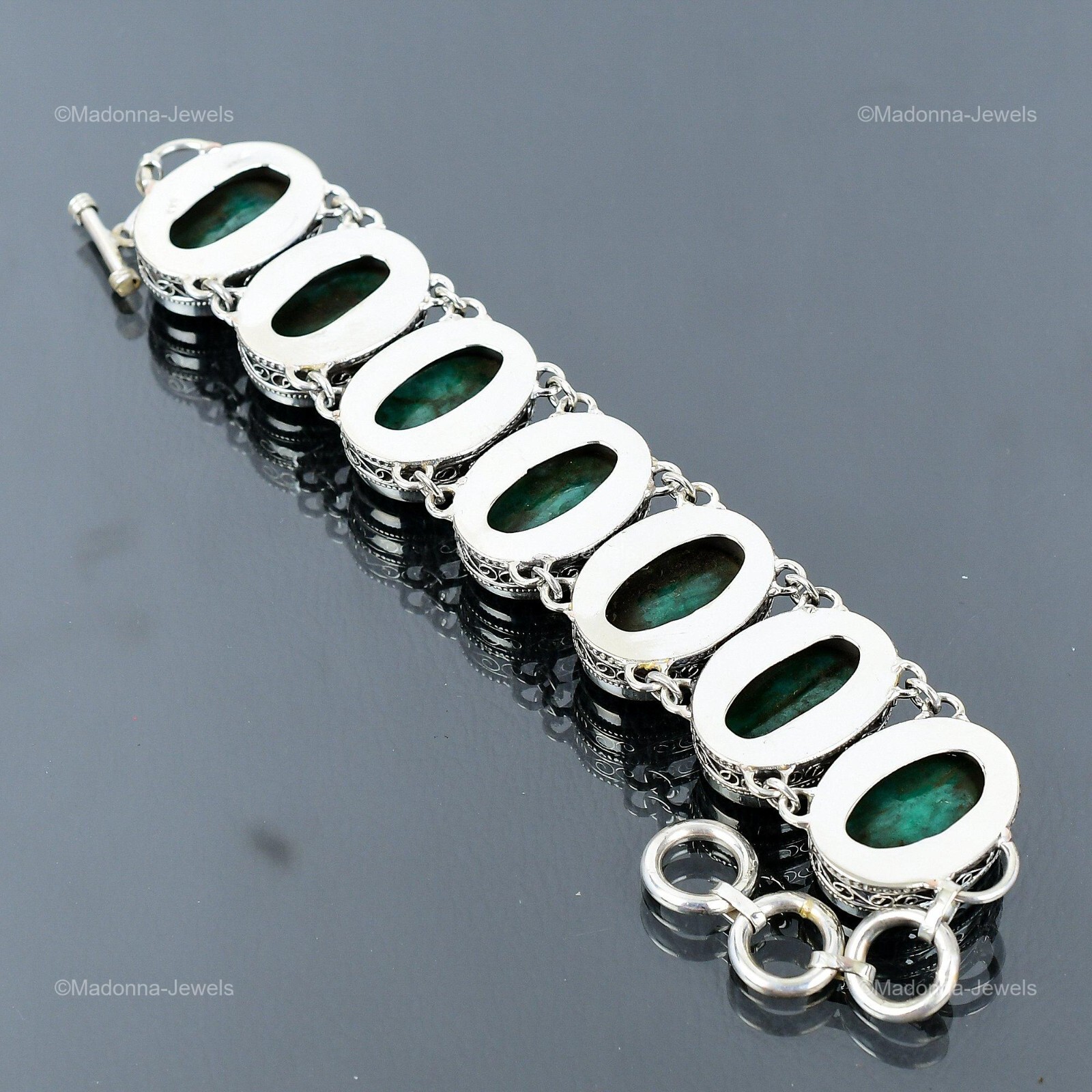 Zambian Emrald Gemstone 925 Sterling Silver Chain Bezel Vintage Unique Bracelet