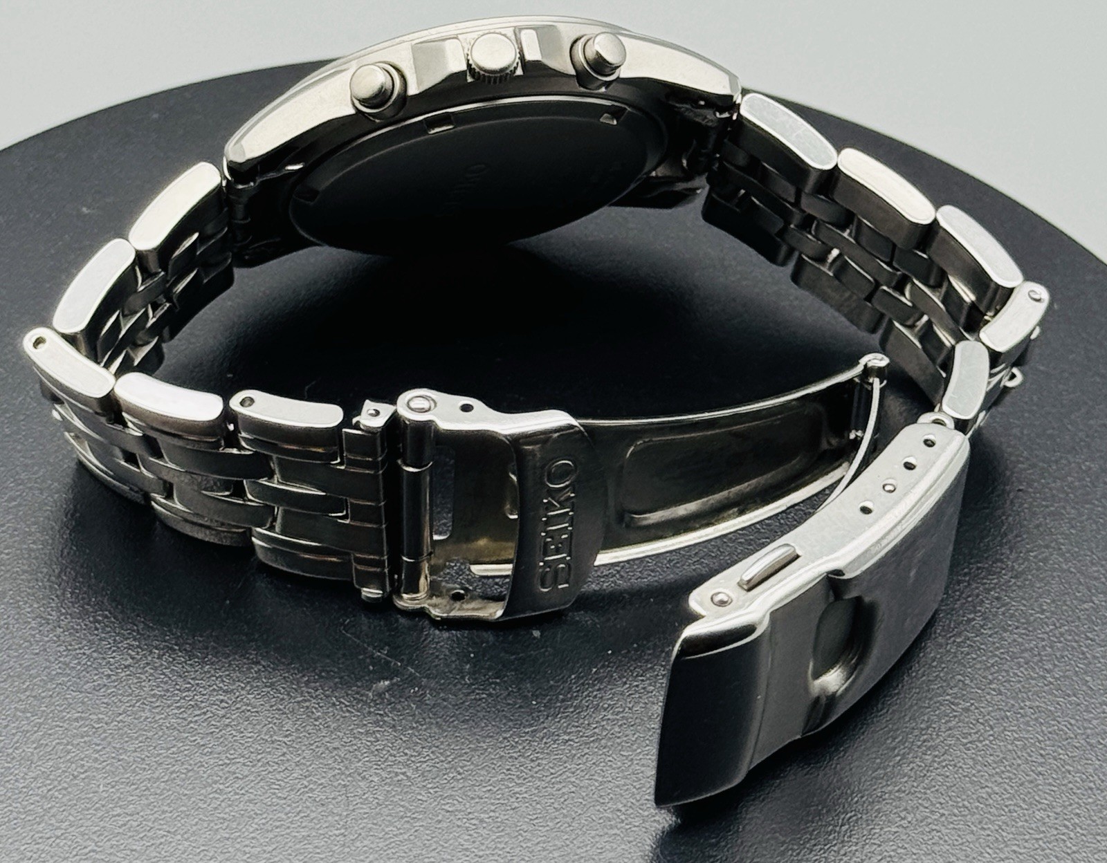 Seiko Watch Chronograph Black Dial Compass Bezel 100M Stainless Steel SND375P1