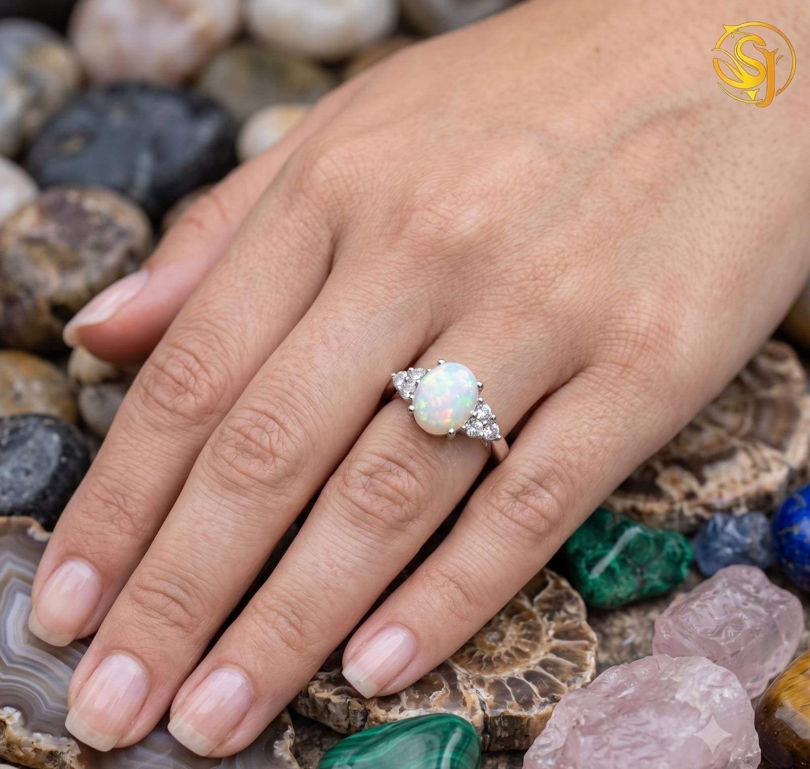 Oval Cut Opal Diamond Ring, 925 Sterling Silver Statement Ring