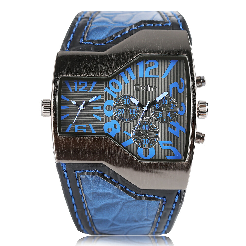 OULM Steampunk Style Two Time Zone Mens Watches PU Leather Quartz Wristwatch