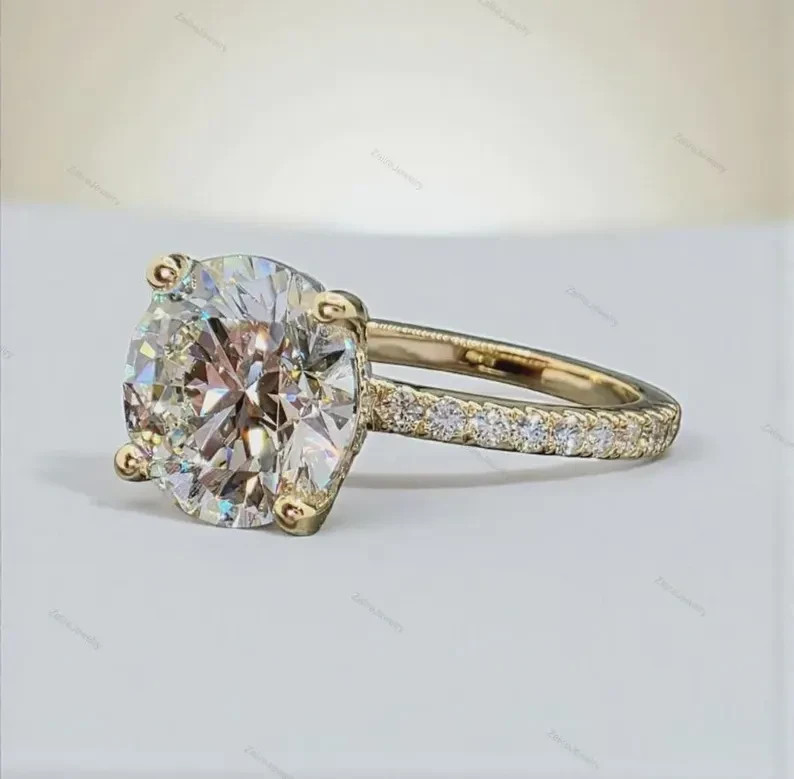 IGI 3 Ct Round VS1 Lab Grown Diamond Women Engagement Gift Ring 14K Yellow Gold