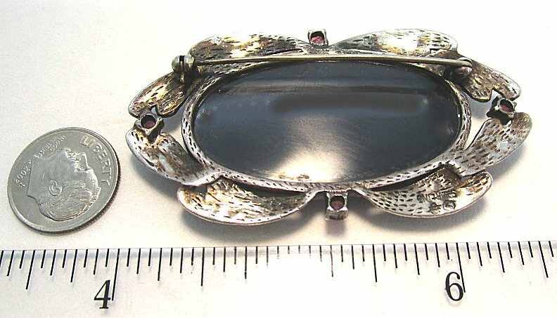 Sterling Silver Pin w Onyx / Marcasite / Garnet 20.1 grams 2 1/2”