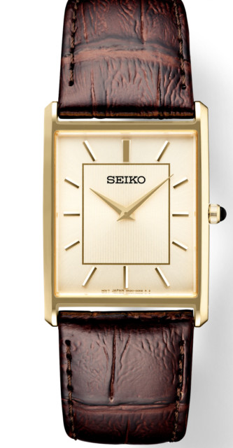 Seiko Essentials Mens Quartz Rectangular Brown Leather Strap Watch SWR064-SWR106