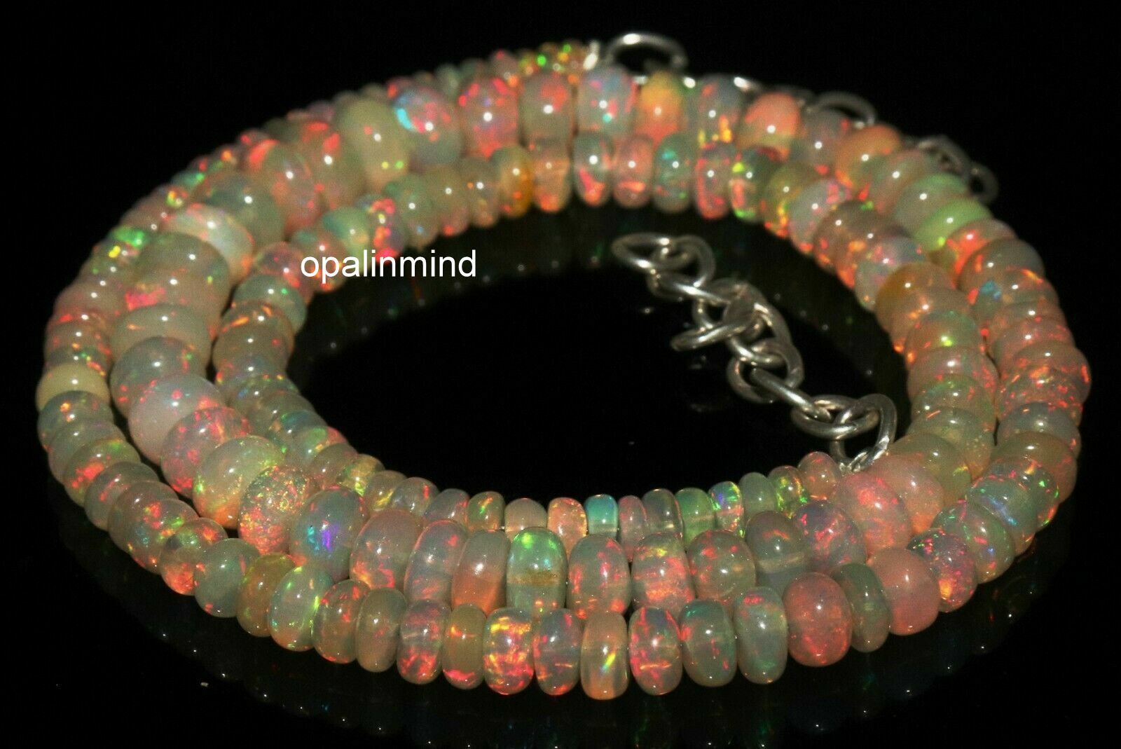 Natural Ethiopian opal gemstone beads necklace in 925 sterling silver 3 to 6 mm