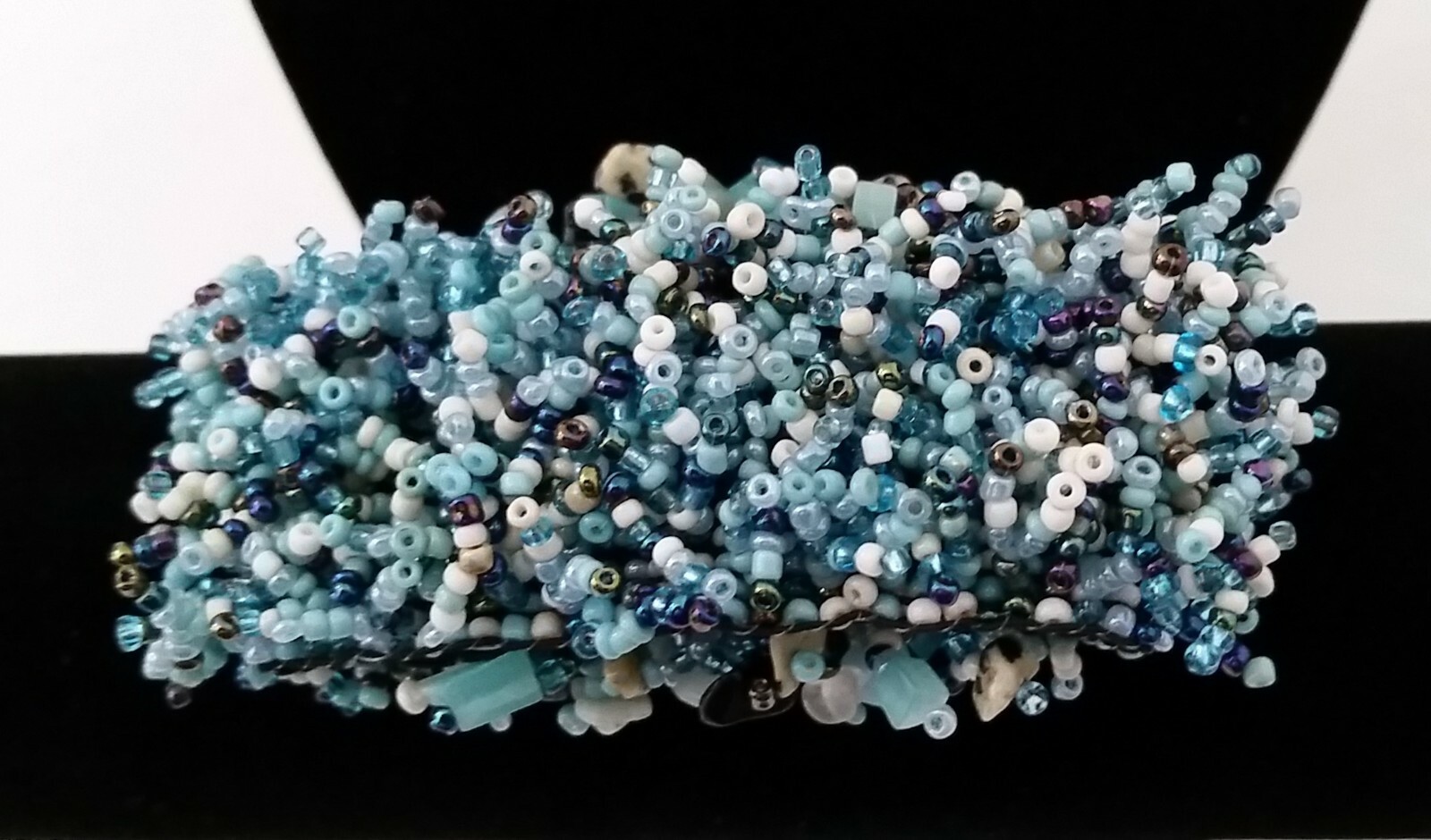 Handmade Bracelet GLASS BEADS AQUA BLUE TURQUOISE PEACOCK BEIGE JASPER 6 inch