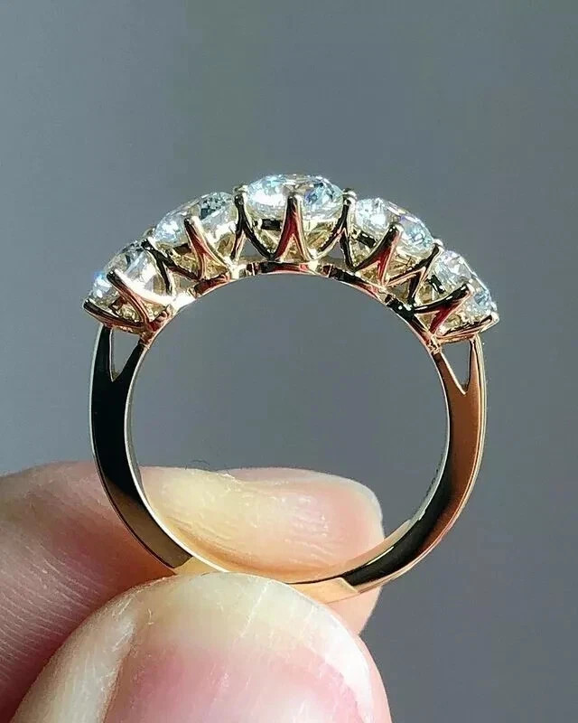 1.50Ctw Real Moissanite Five Stone Half Wedding Band Ring 14k Yellow Gold Plated