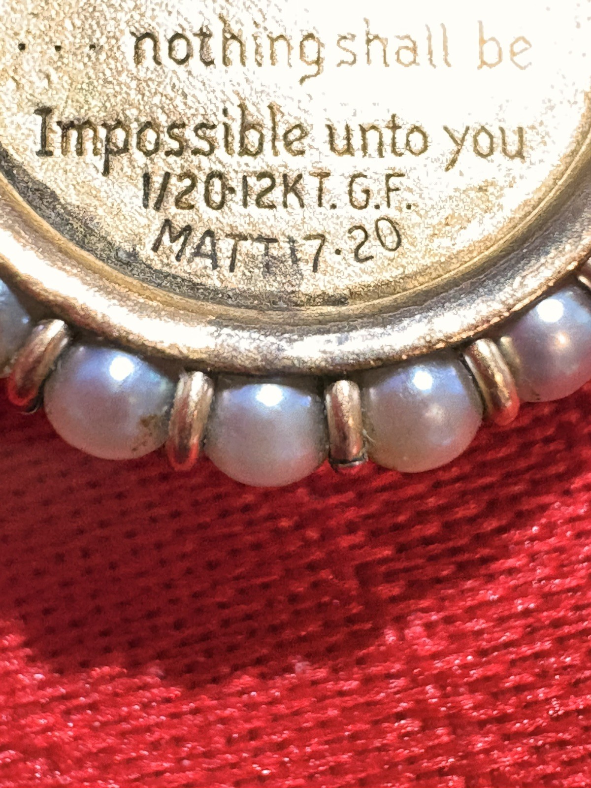 Vintage 12k yellow gold and pearl Mustard Seed Amulet of Faith Matthew 17:20