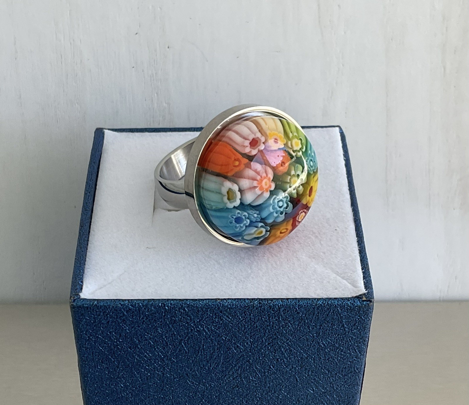 Multi Color Round Murano Millefiori Style Glass Ring Stainless Steel SZ 6, 9, 10