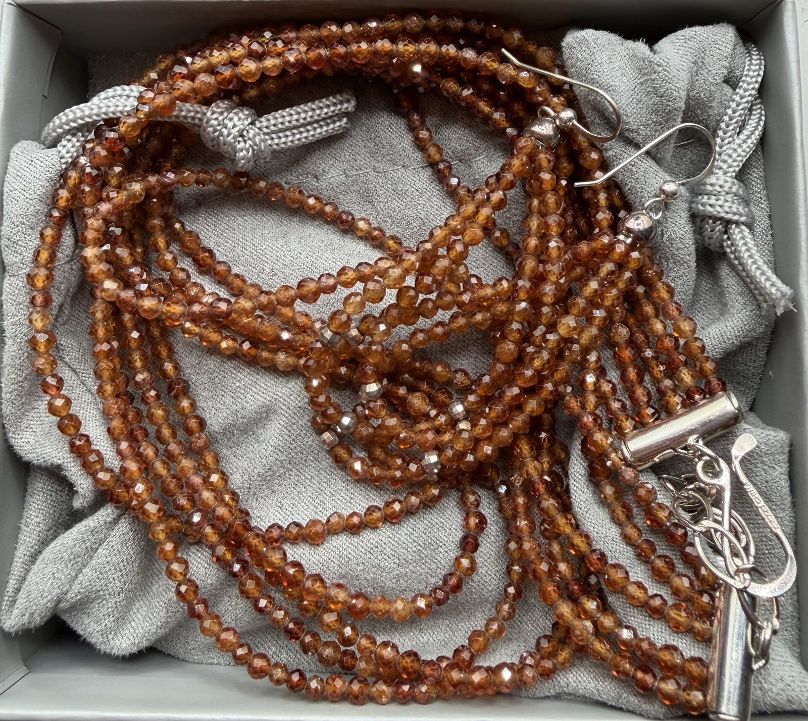 Earth Mined 5 Strand Sterling & Hessonite Garnet Beaded Necklace Jay King 17-19”