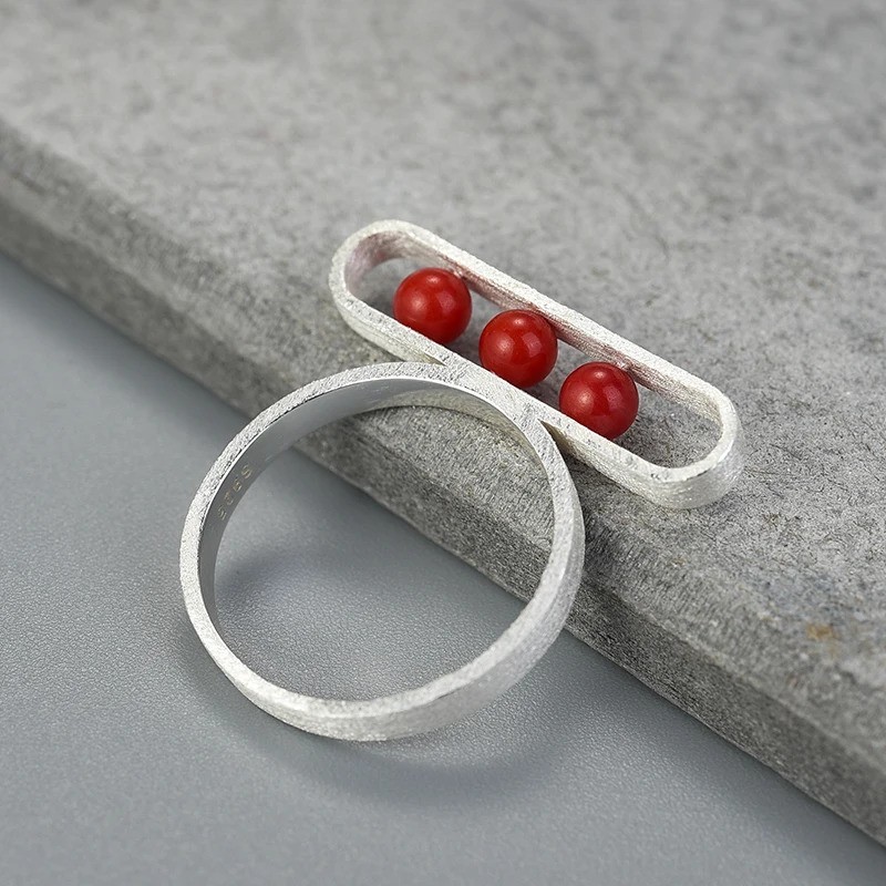 Minamilist Handmade Sand Finish Natural Red Coral Ring Silver Size 7,8,9