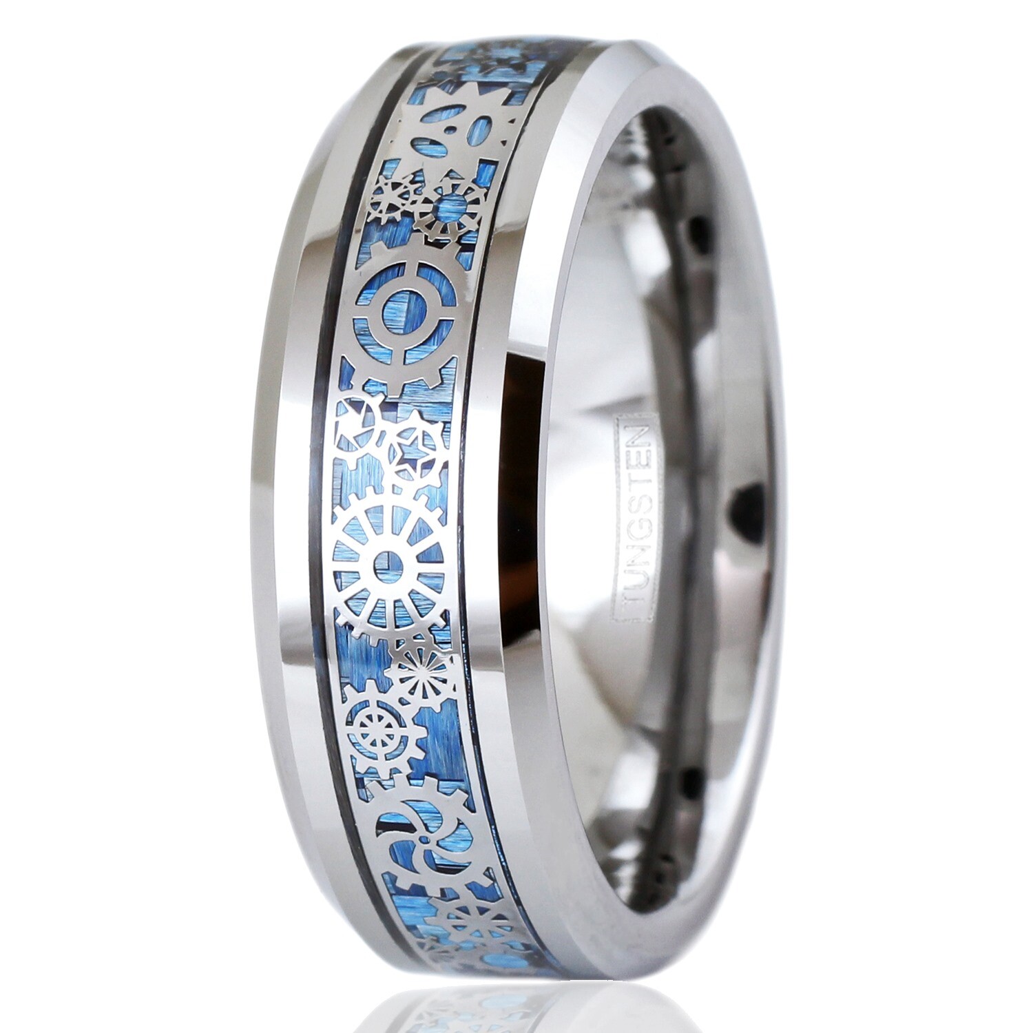 8mm Tungsten Steampunk Clockwork Gears Blue Carbon Fiber Wedding Band Ring