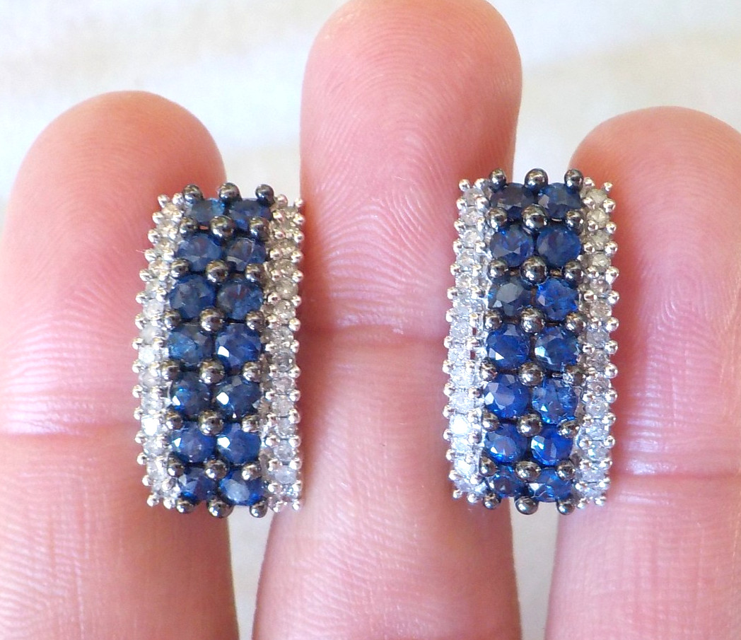 Heavy 14k White Gold Hoop Sapphire Diamond Earrings – 7.90 gms, 0.75 in, 2.52 ct