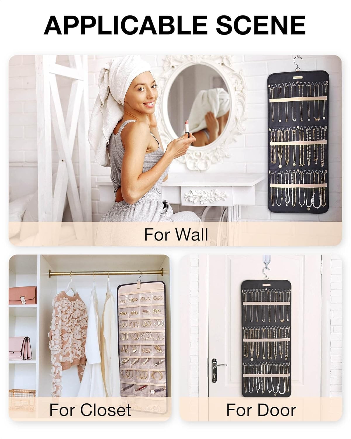 Hanging Jewelry Organizer Storage Roll with Metal Hooks Double-Sided for