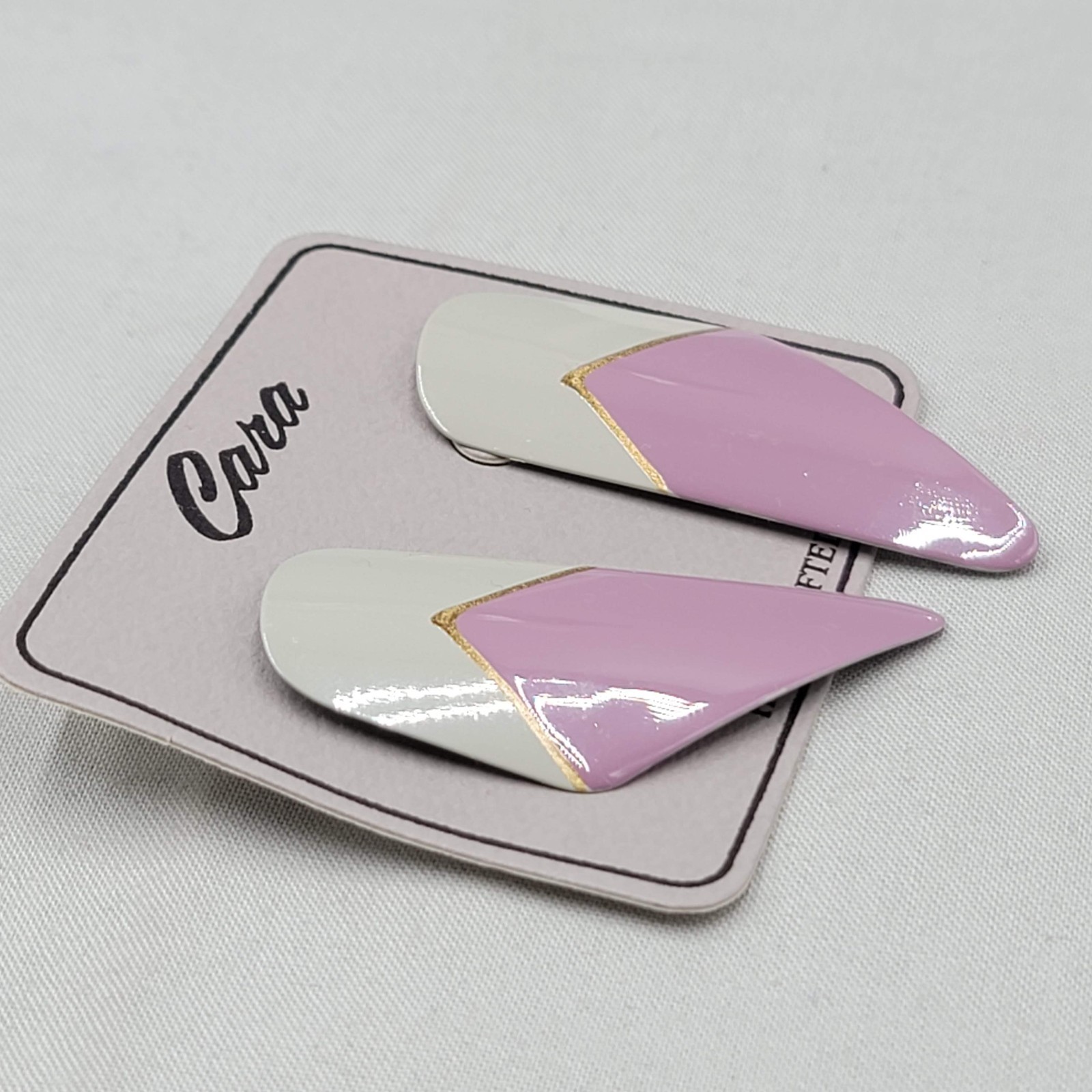 Vintage Gray Lavander Enamel Cara Pierced Earrings Hand Painted NOS Prop 2.25″