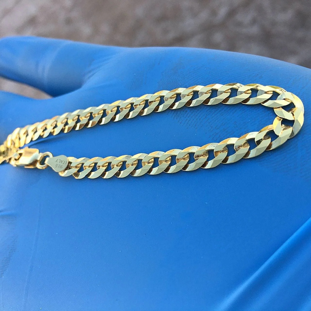14K Gold Plated On Solid 925 Sterling Silver Bracelet Flat Cuban Link 7.5″ 5MM