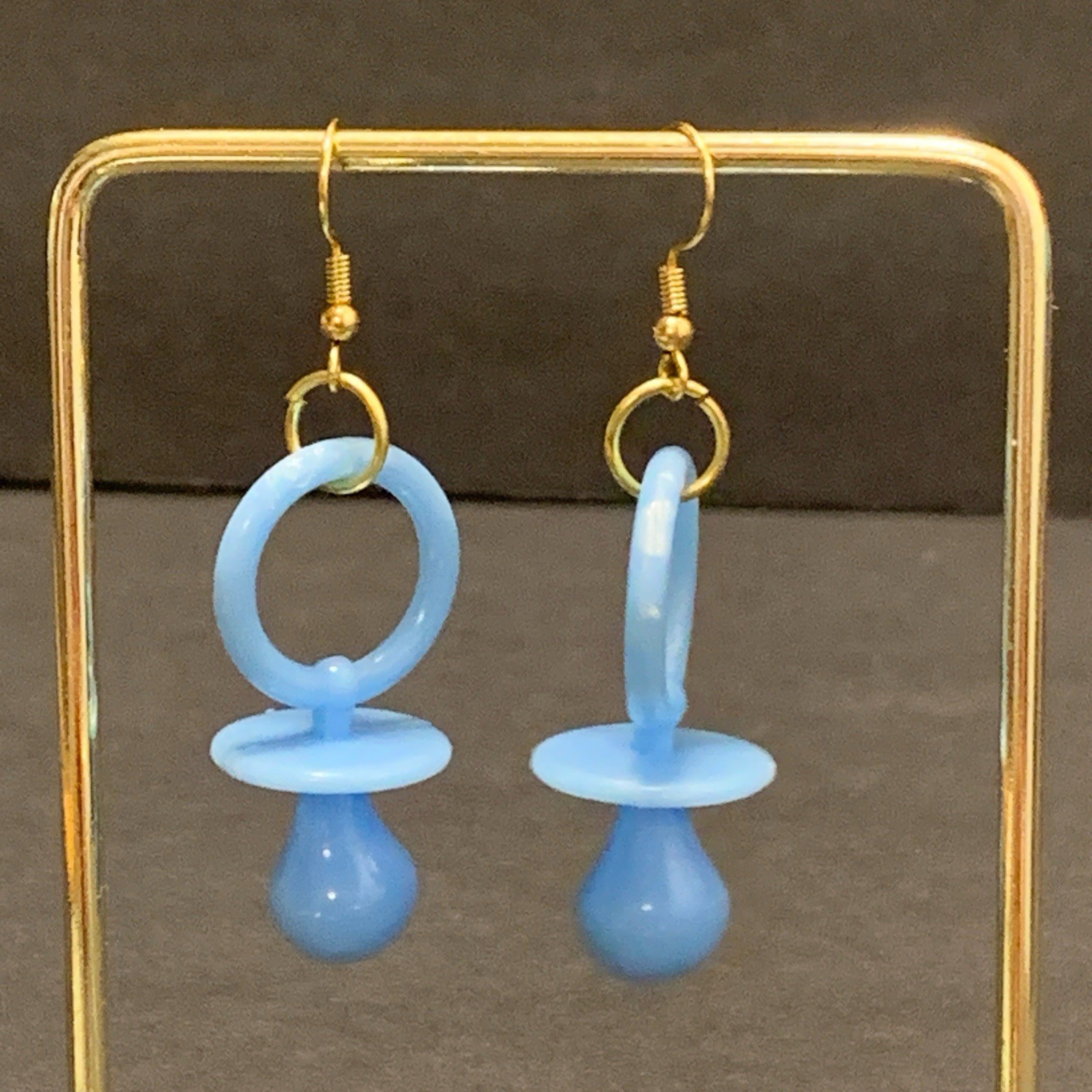 Blue Pacifier Earrings Gold Handmade Baby Shower Gender Twee Kidcore Whimsy