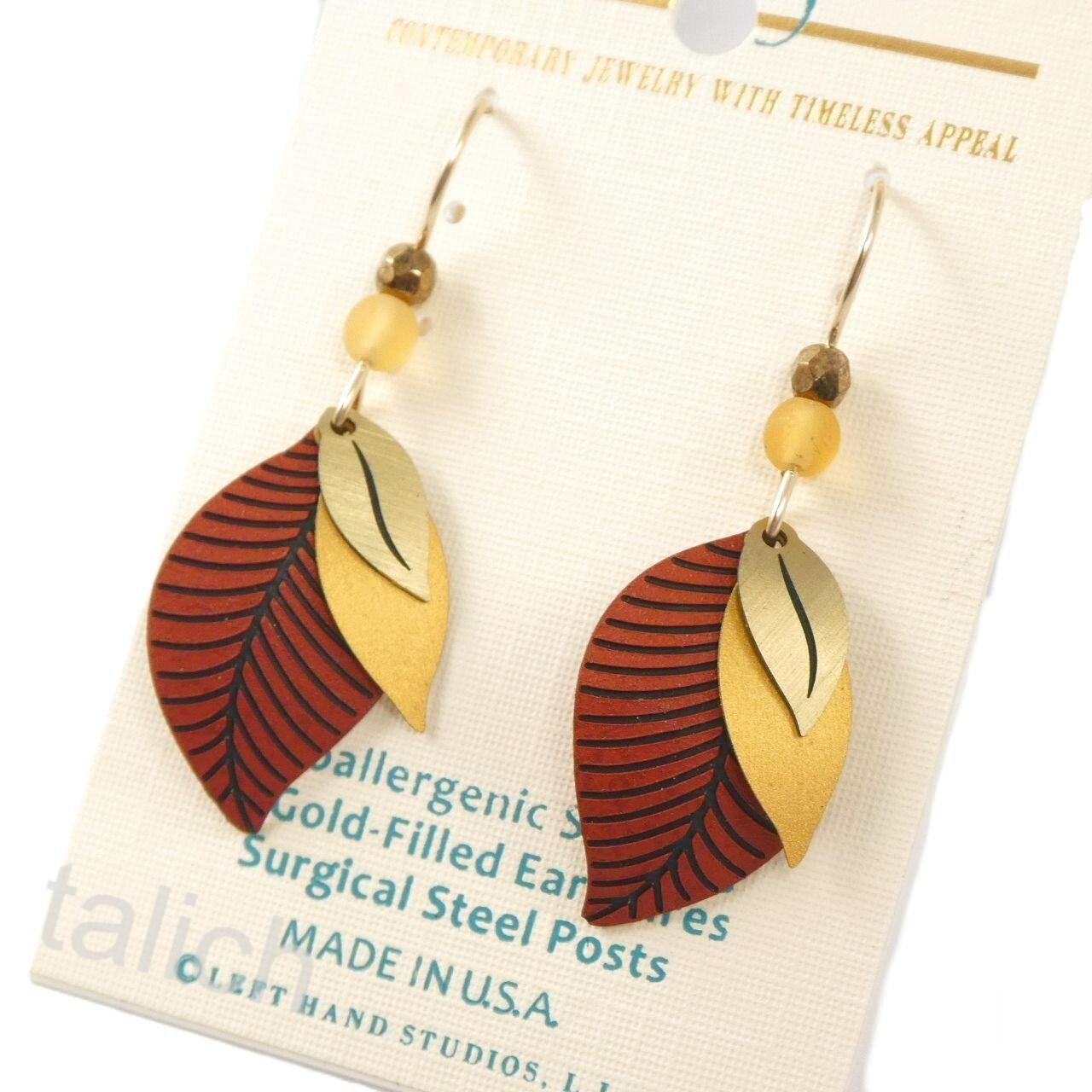 Adajio Earrings 14K Gold Filled Hook 3 Part Rust Brass Leaves Handmade USA 7023