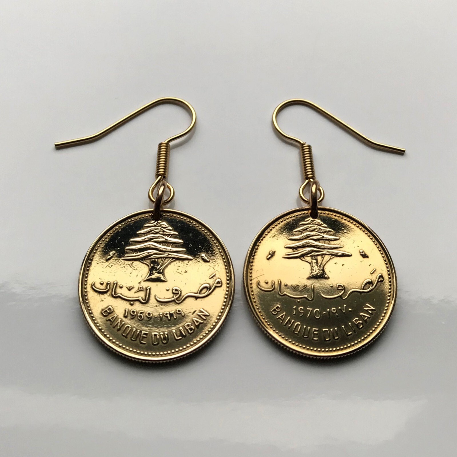 Lebanon Liban 10 Piastres coin earrings cedar tree Beirut Tripoli Baabda e000142