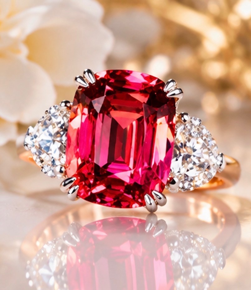 Spinel Mahenge Top Pink to Red 4.1ct, set with 2 Heart Shaped Natural Diamonds