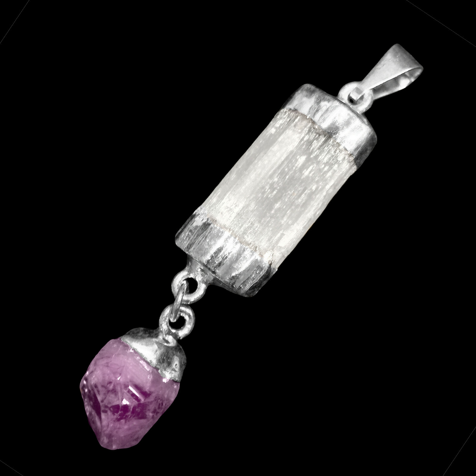 Selenite Amethyst Chakra Crystal Pendant CHARGED 925 Sterling Silver Necklace He