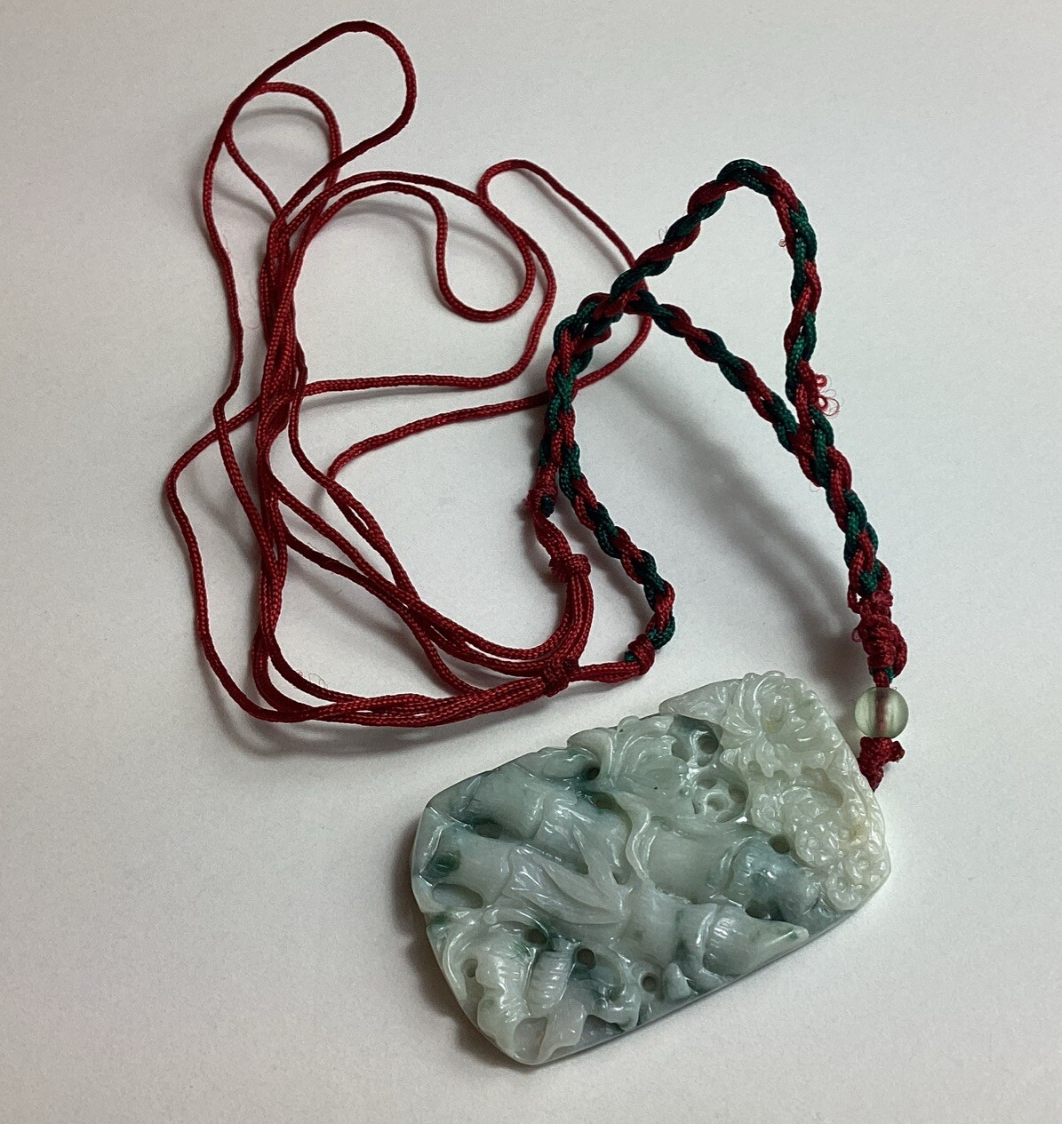 Light Tan & Green 1 Sided Jadeite Bamboo & Butterfly Translucent Pendant