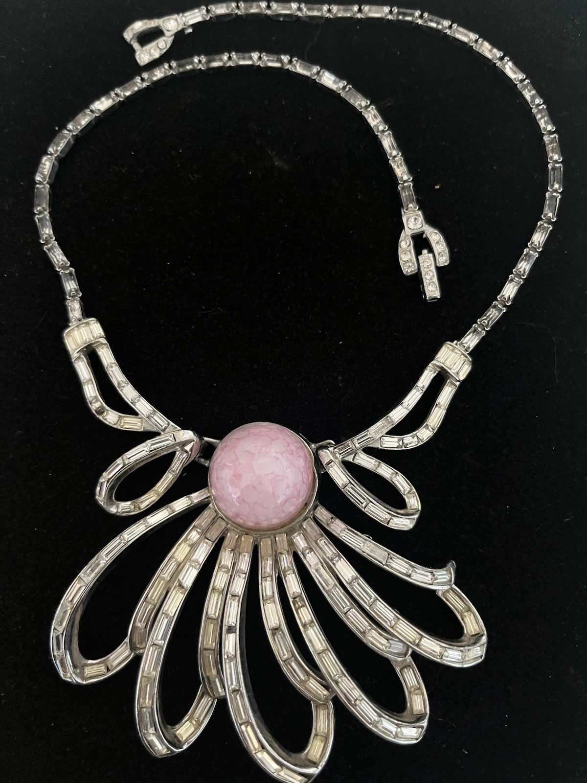 Boucher Style Grey & Clear Baguette Rhinestones pink Cabochon Statement Necklace