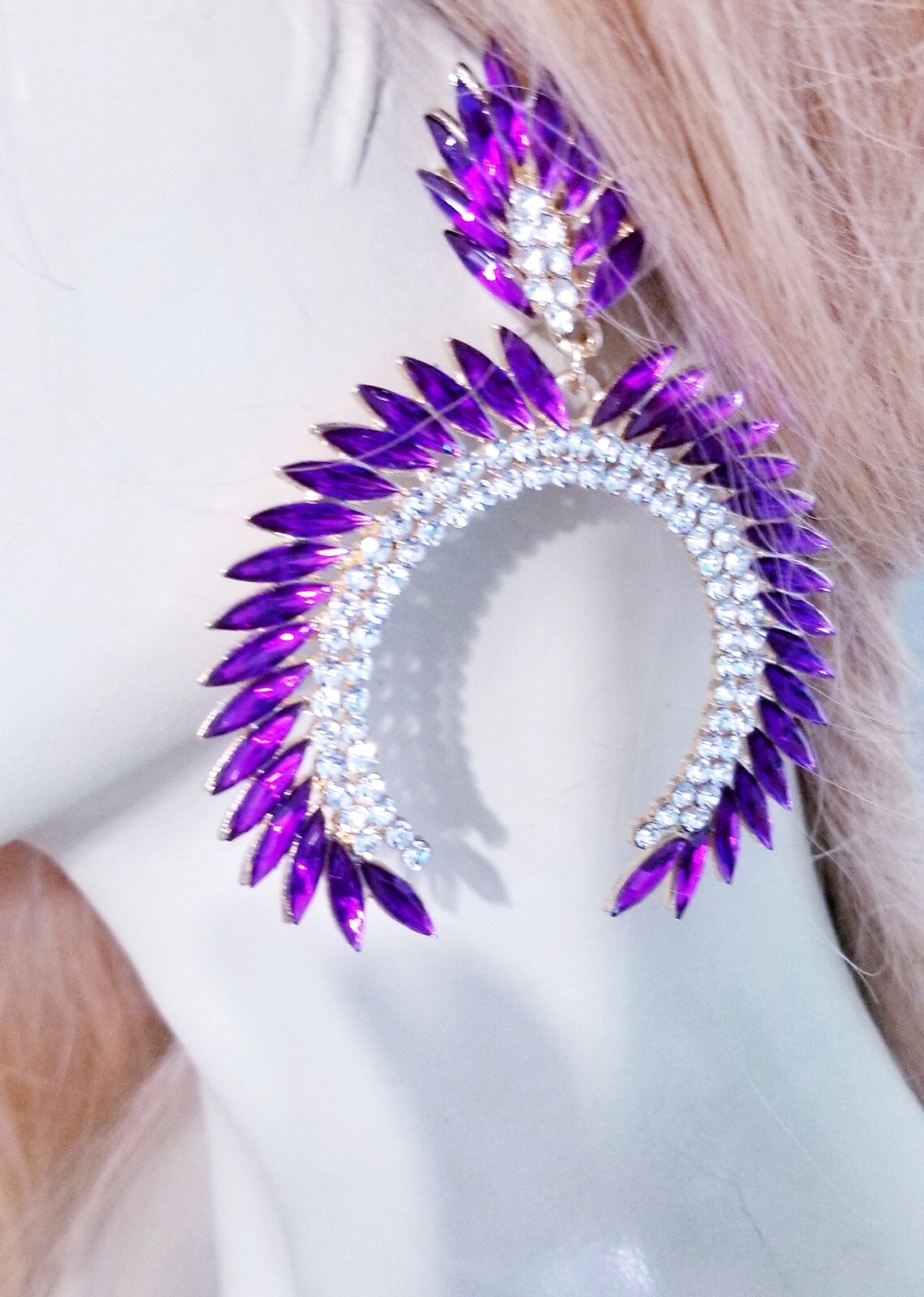 Bridesmaid Drop Dangle Chandelier Earrings 3.2 in Purple Rhinestone Pageant Prom