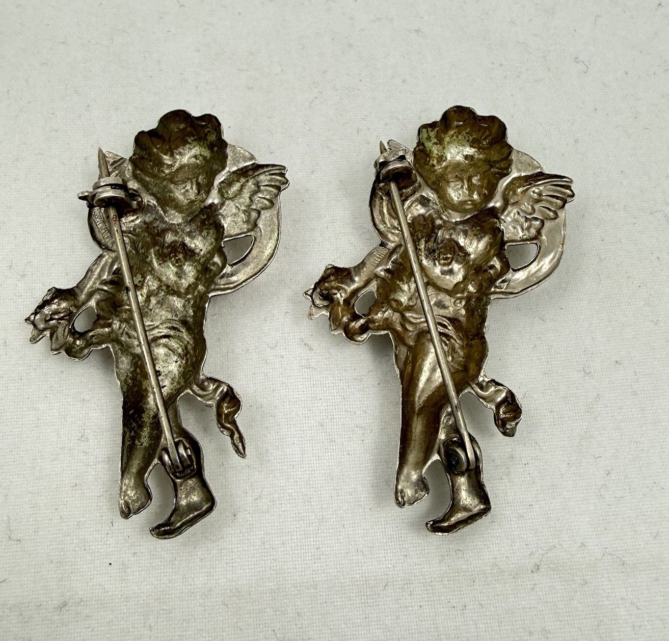 Vintage Pair Lot Of 2, 3D Angel Cherubs Sterling Silver Pendant Brooch 7.3 Grams