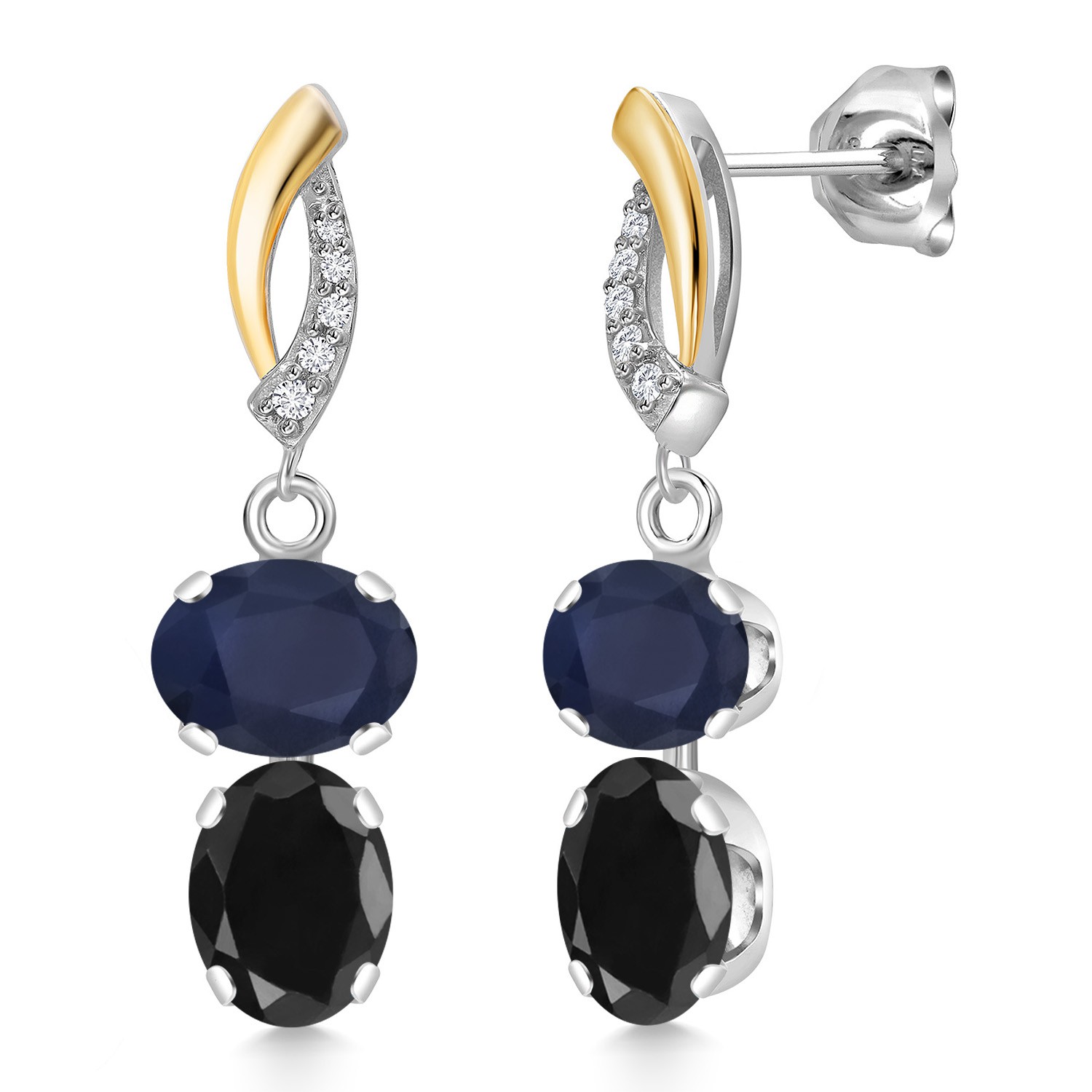 925 Silver and 10K Yellow Gold Sapphire and Black Sapphire and Lab Grown