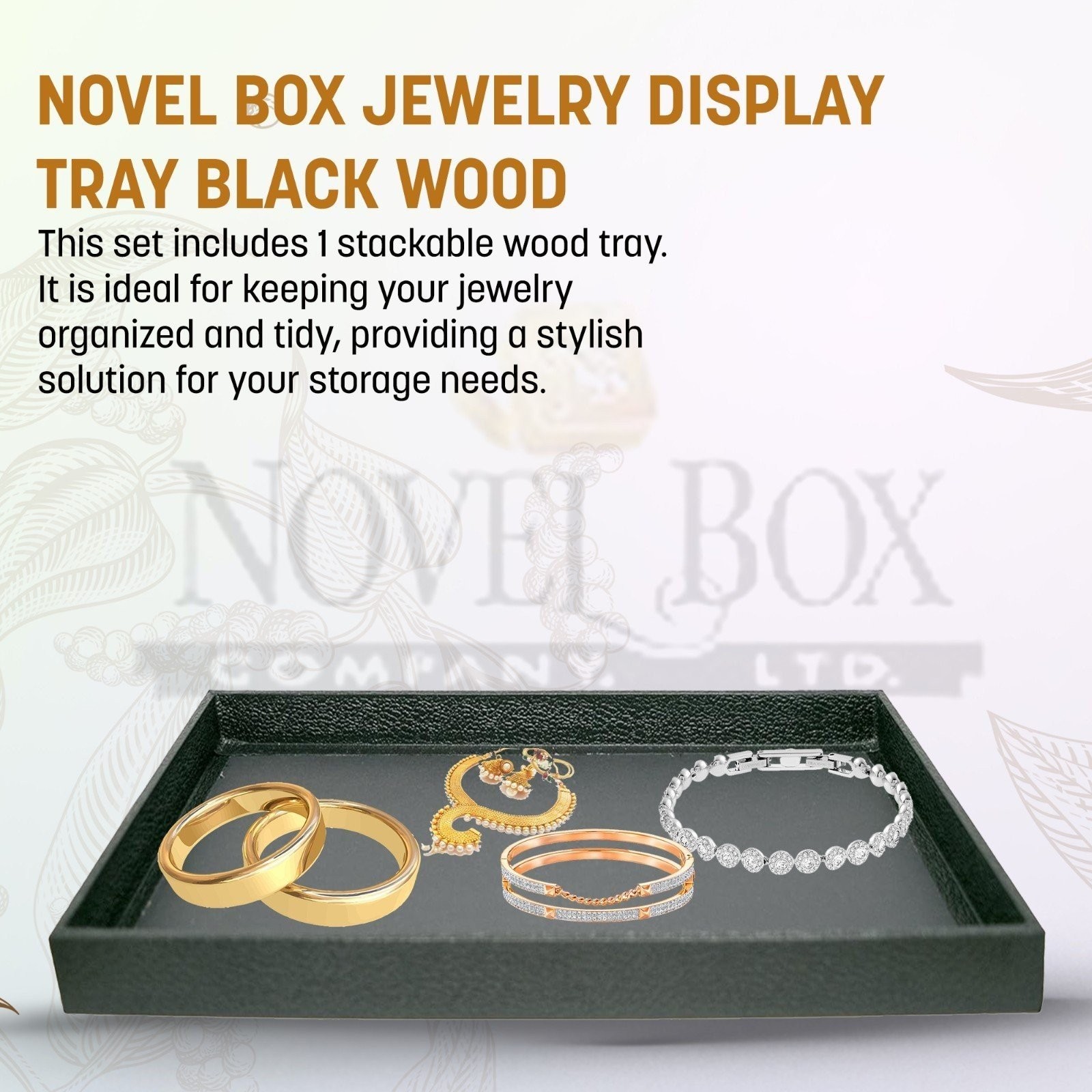 Novel Box Black Wood Jewelry Display Tray 14.75×8.25×1.15 Inches (No Lid)
