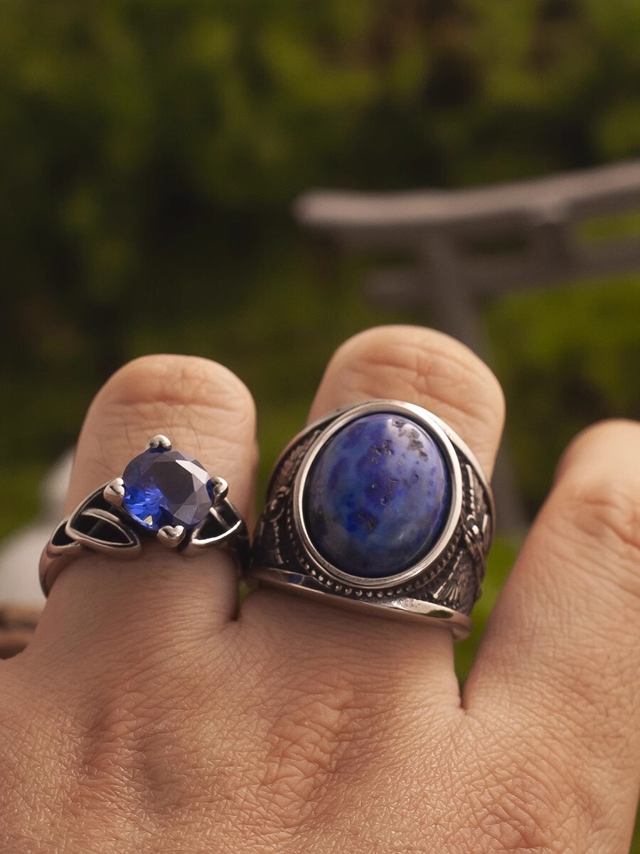 NIGHT WORKS God’s Power retro angel carving royal blue stone ring men’s