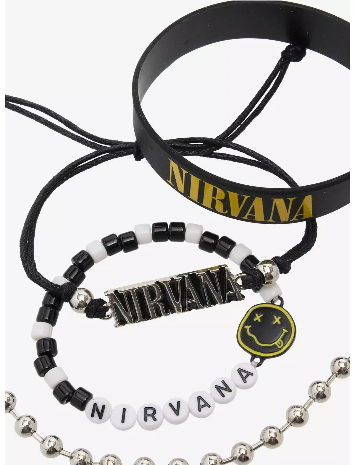 Nirvana Logo Bracelet Set 4 Bead Nameplate Smiley Face Rubber Cobain New