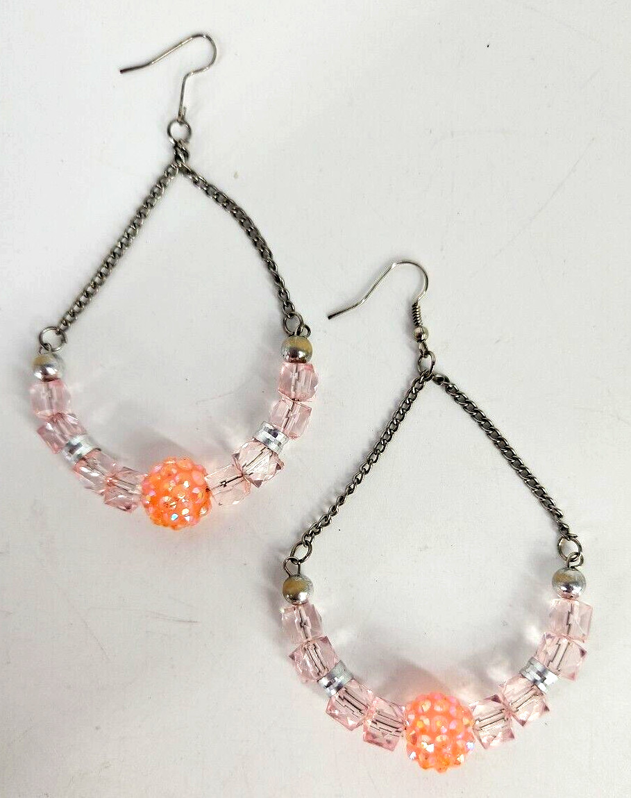 Chandelier Fashion Earrings Drop Dangle Beaded Pink Silver Tone 3.75 in.