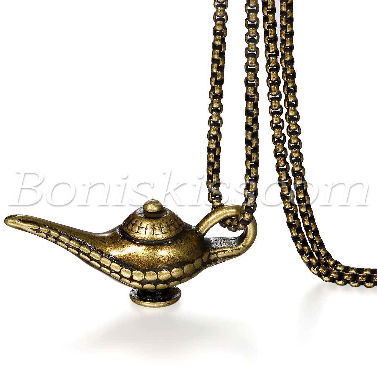 Mens Retro Bronze Tone Aladdin Magic Lamp Stainless Steel Pendant Necklace Chain