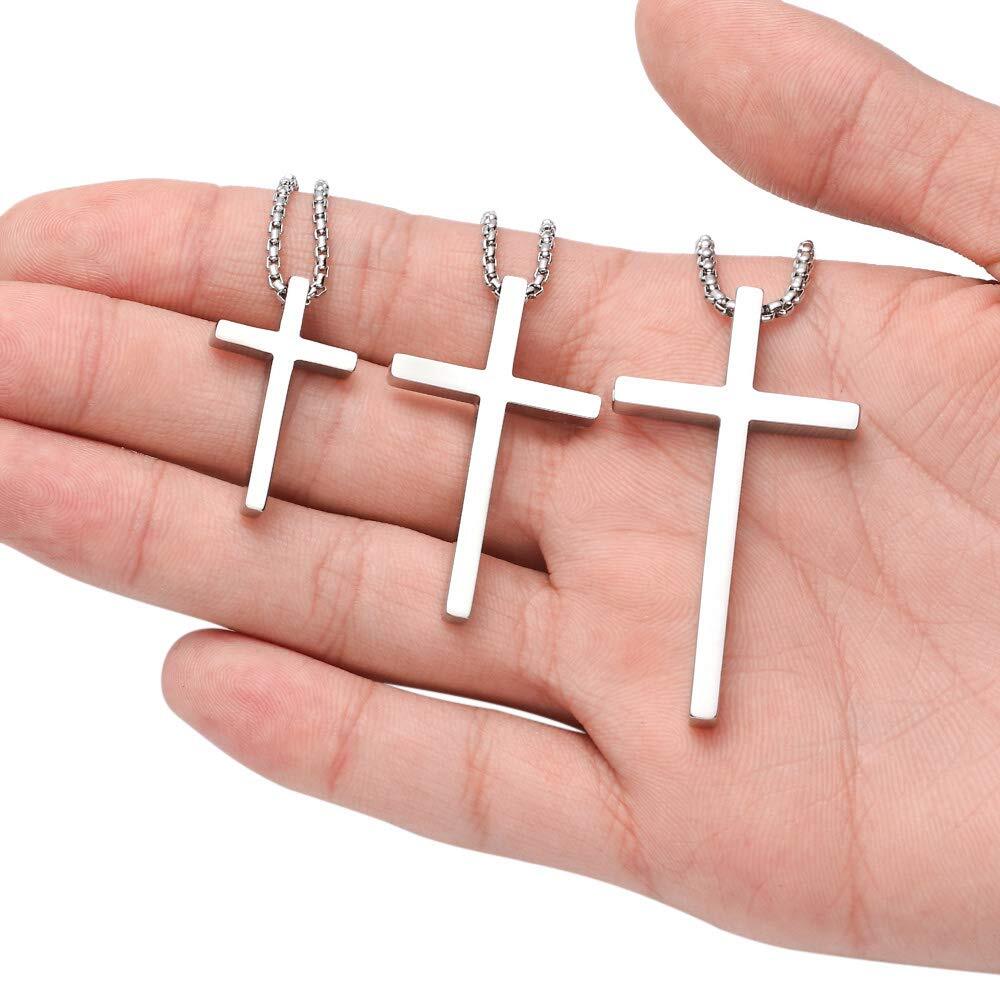 Men Women Plain Silver Stainless Steel Cross Pendant NecklaceBox Chain 16″-24″