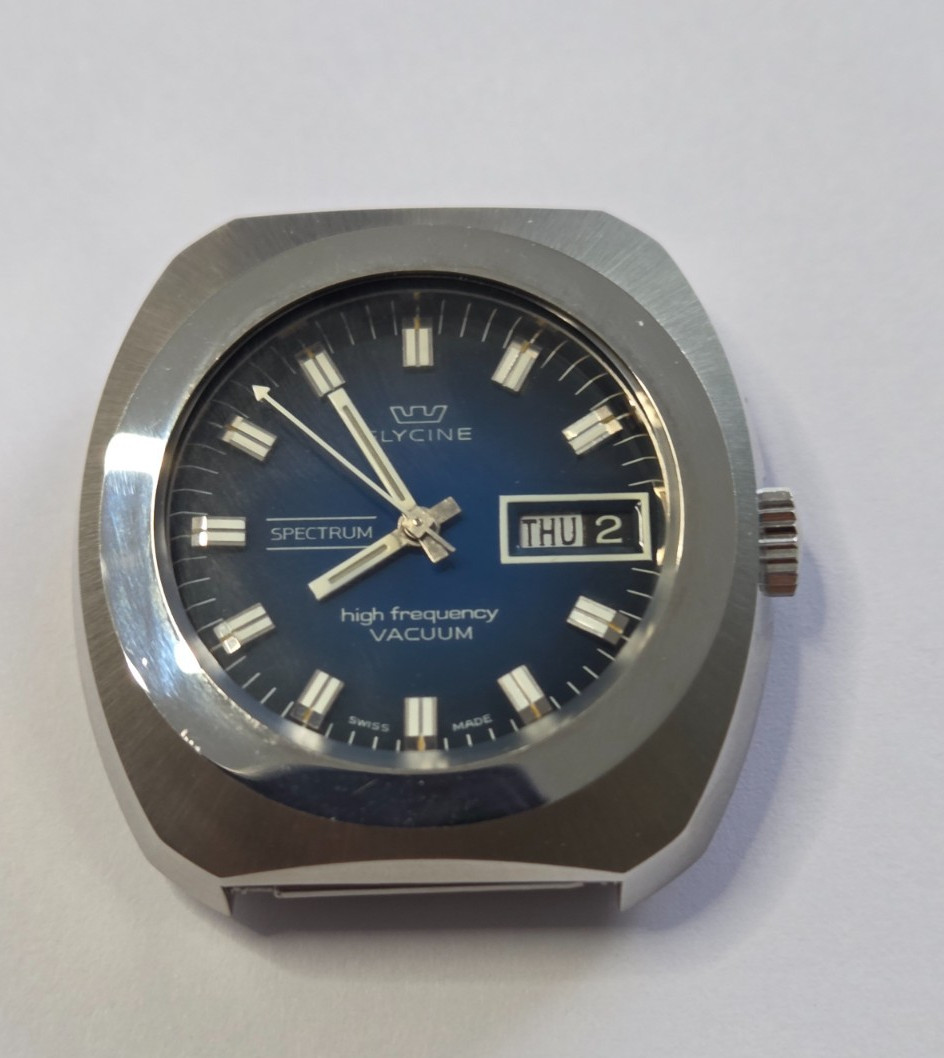 Glycine High Frecuency Automatic Watch Vintage Men Spectrum Vacuum Blue Dial NOS