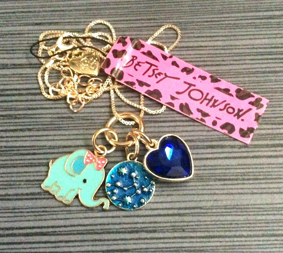 Betsey Johnson Beautiful Crystal Heart, Elephant & World Charm Pendant Necklace!