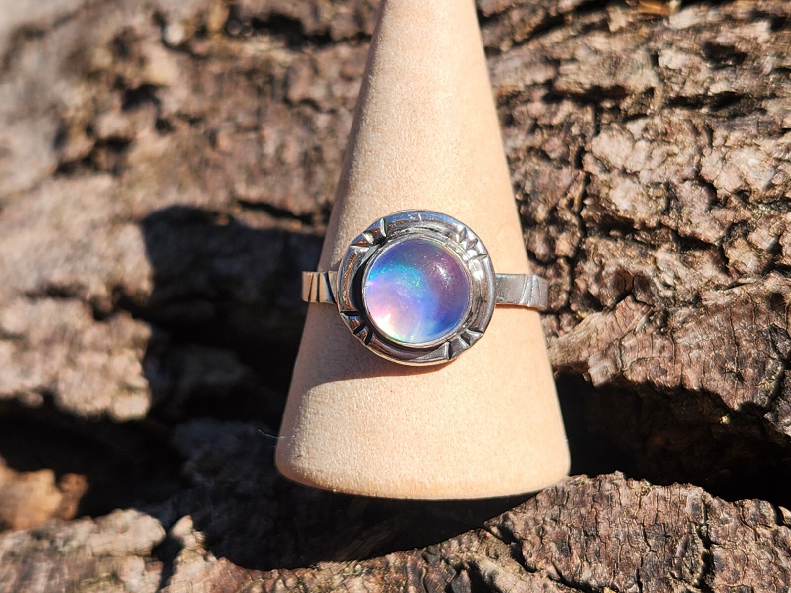 Aurora Opal Handmade Sterling Silver 925 Round Ring, Size 9 Pink Purple
