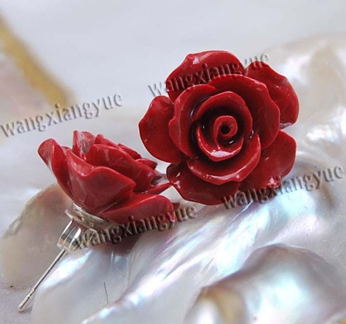 Wholesale 15mm Sea Coral Gems Hand Carved Flower Beads Silver Stud Earrings AAA