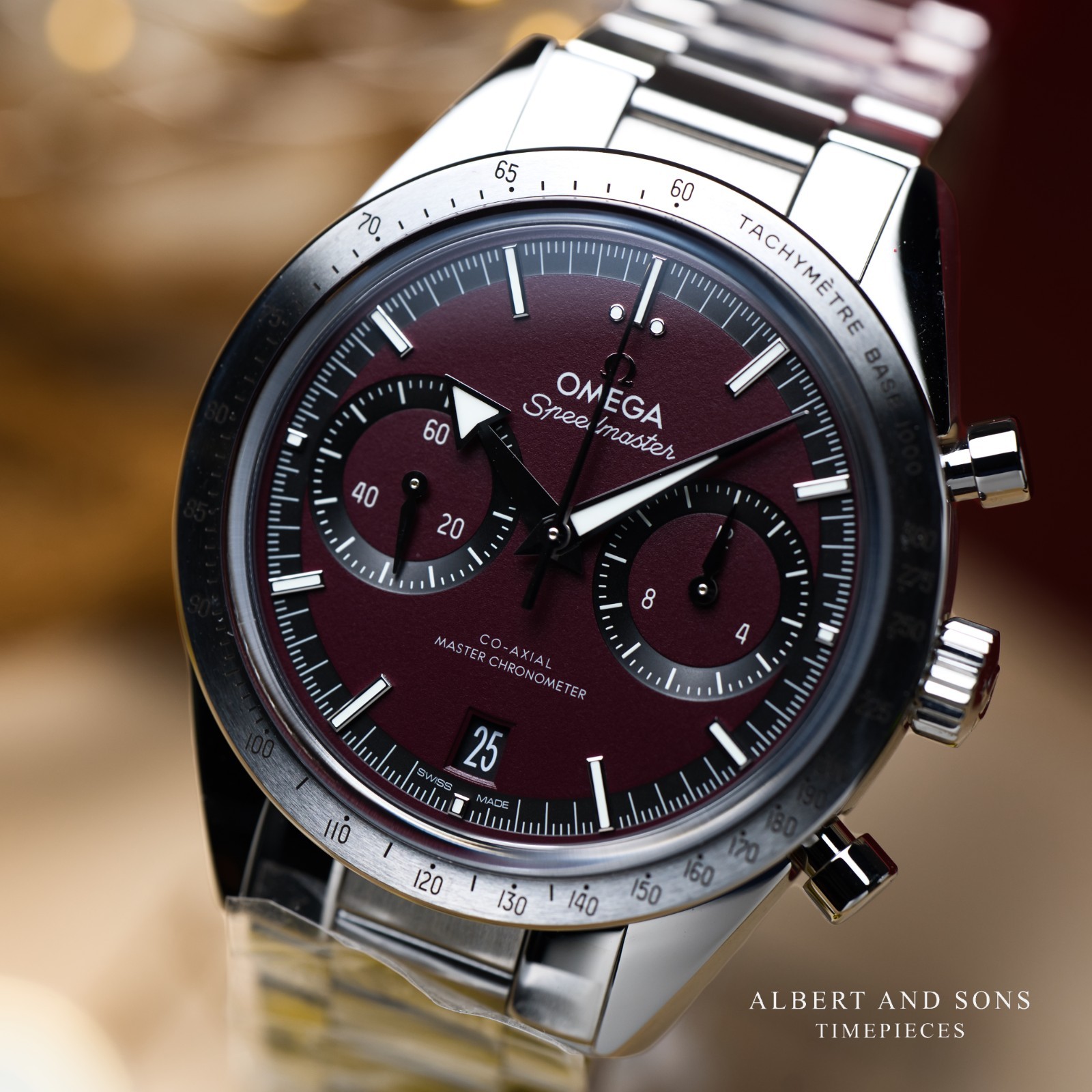 Unworn 2026 Omega SPEEDMASTER ’57 Chronograph Burgundy Red Dial Complete Set
