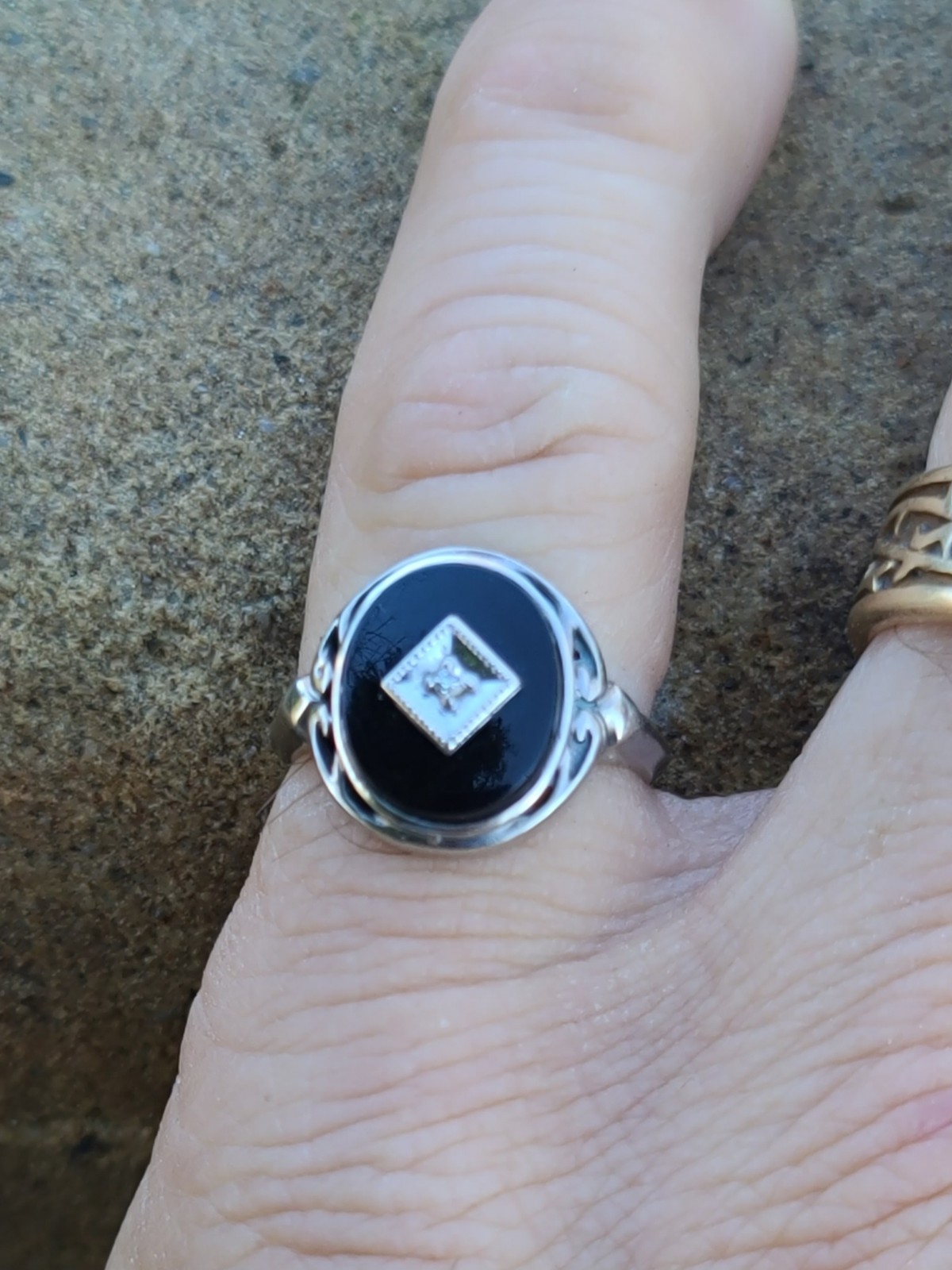 VTG 10k Solid White Gold Diamond Black Onyx Art Deco Ring 4.75sz Signed 3.29gr