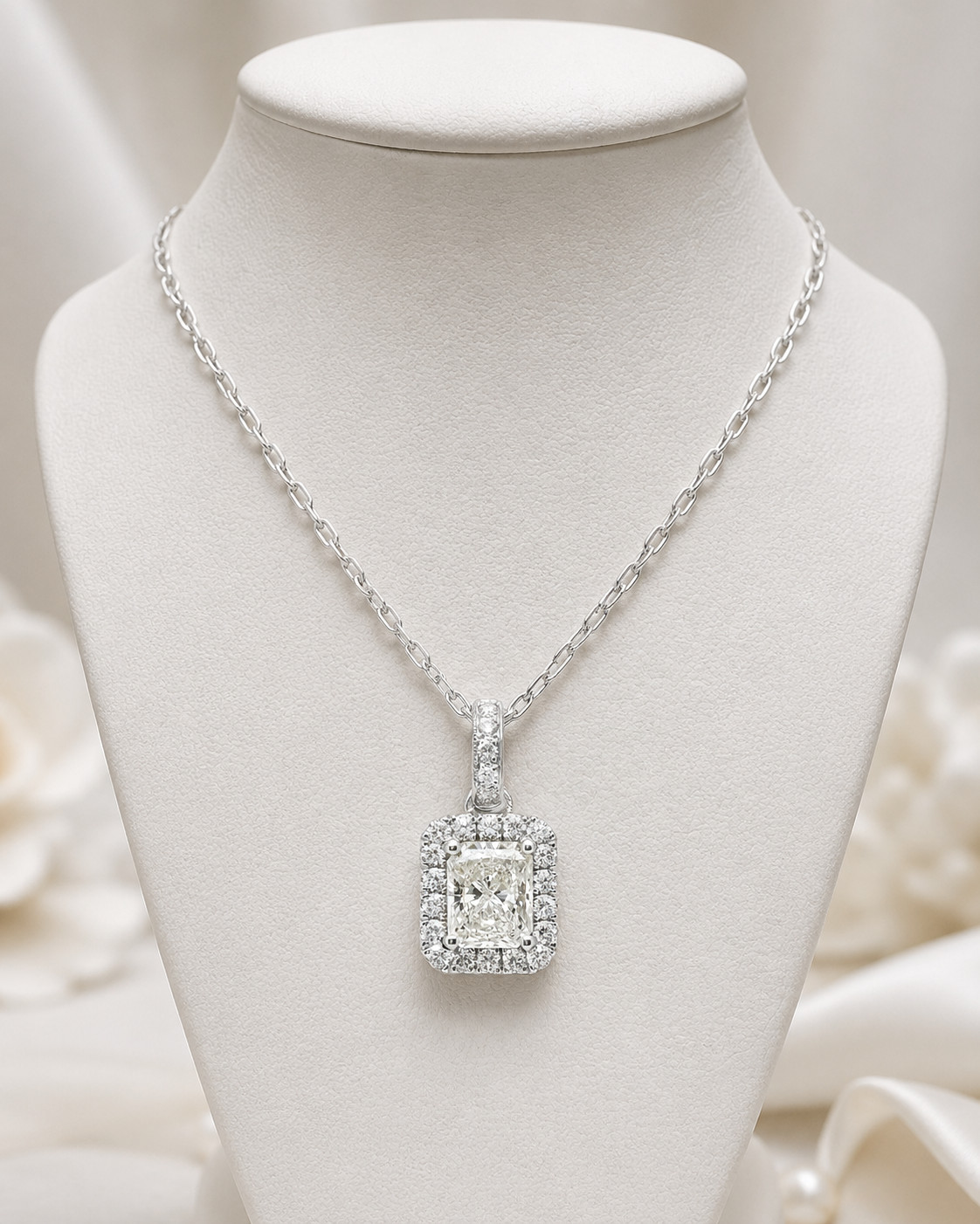 1.40ct Natural Radiant Diamond Halo Pendant Art Deco Necklace 18K White Gold