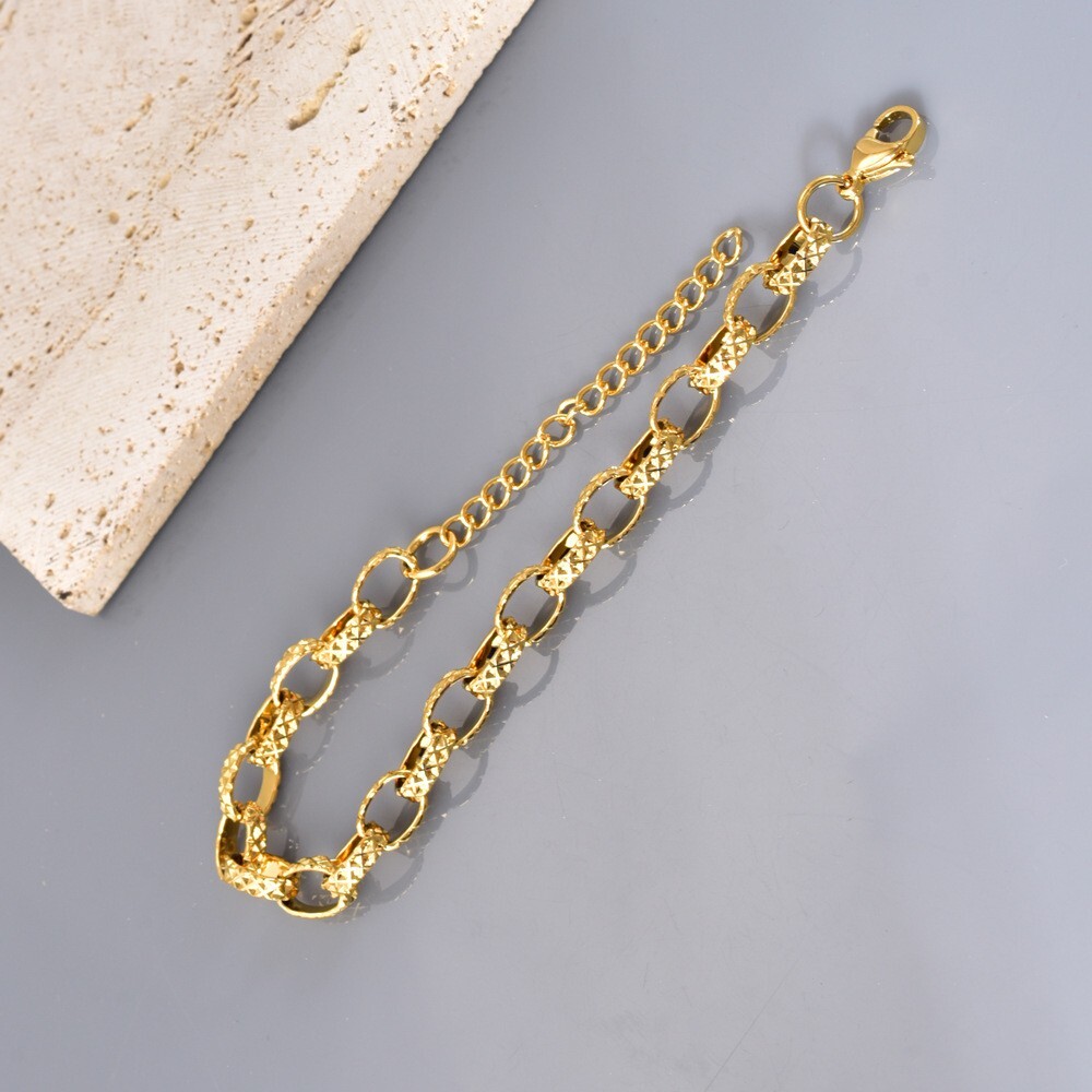 7mm Women 18K Gold Plated Texture Rolo Chain Bracelet Bangle Anti-tarnish 8.7”