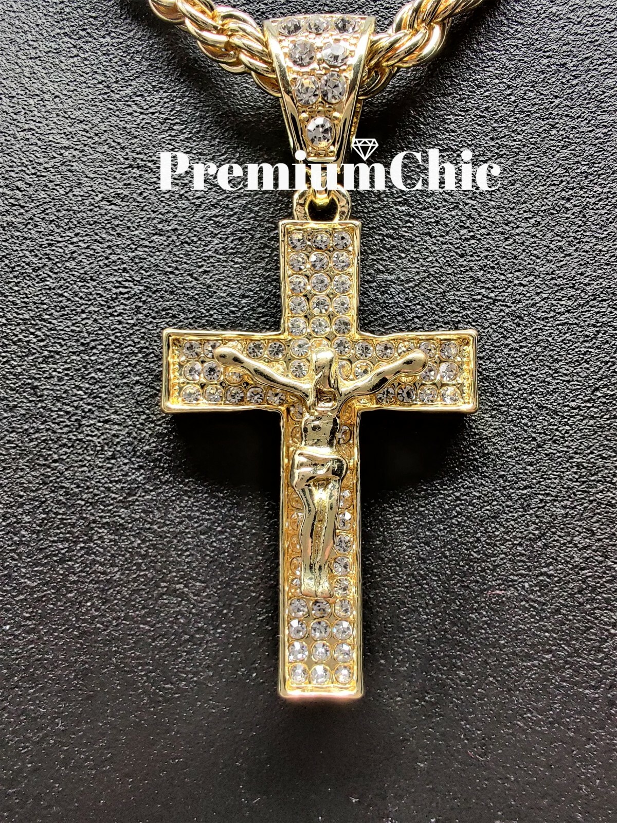 ICED Jesus Cross Pendant Necklace Choker with Rope Chain Mens Plated CZ Jewelry