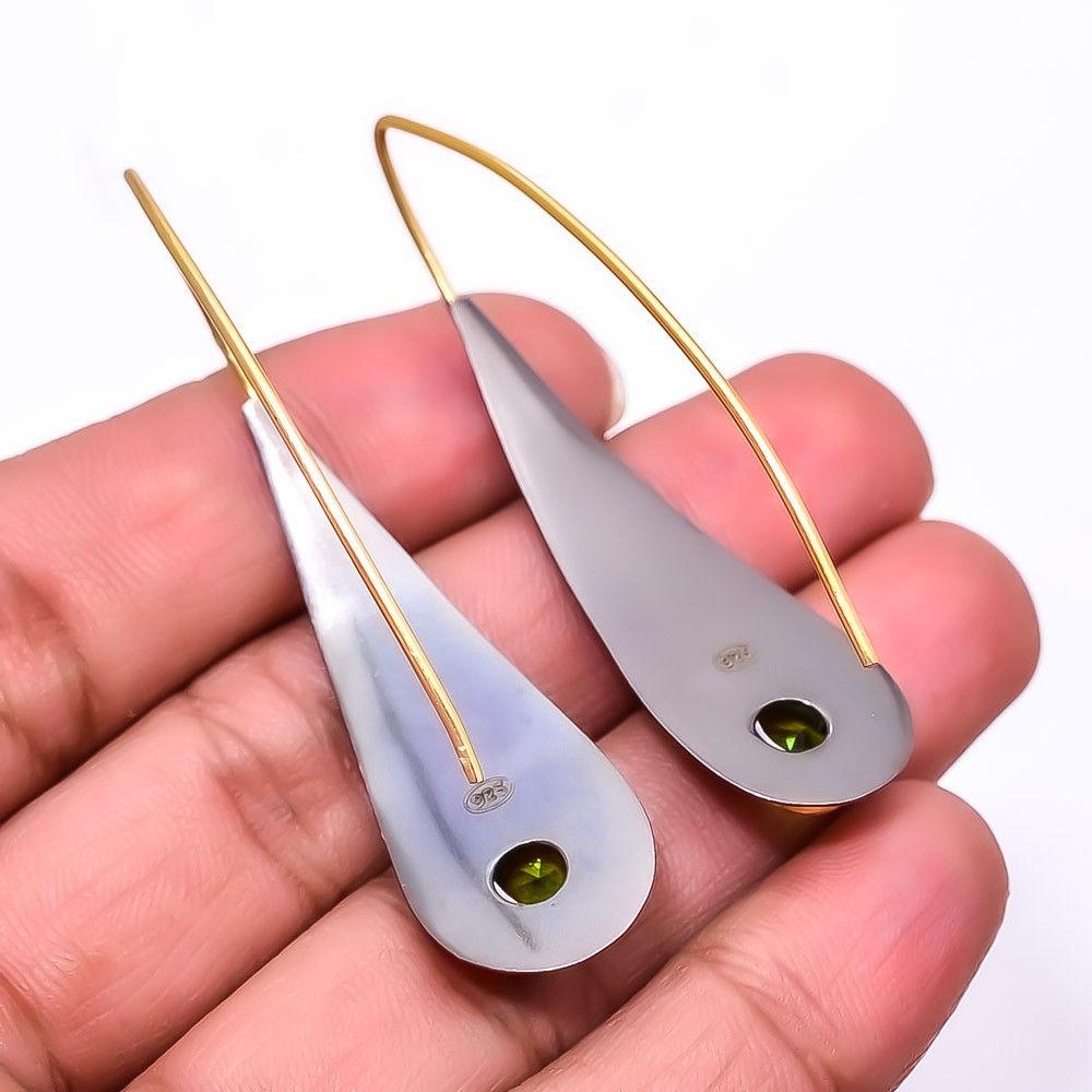 Peridot Gemstone 925 Silver Black & Gold Rhodium Plated Earring 2.15″ E29