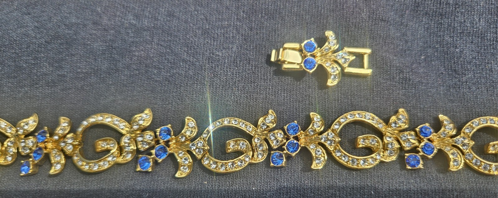Camrose & Kross Gold Tone Link Charm Bracelet Blue & Clear Crystals w/ Box